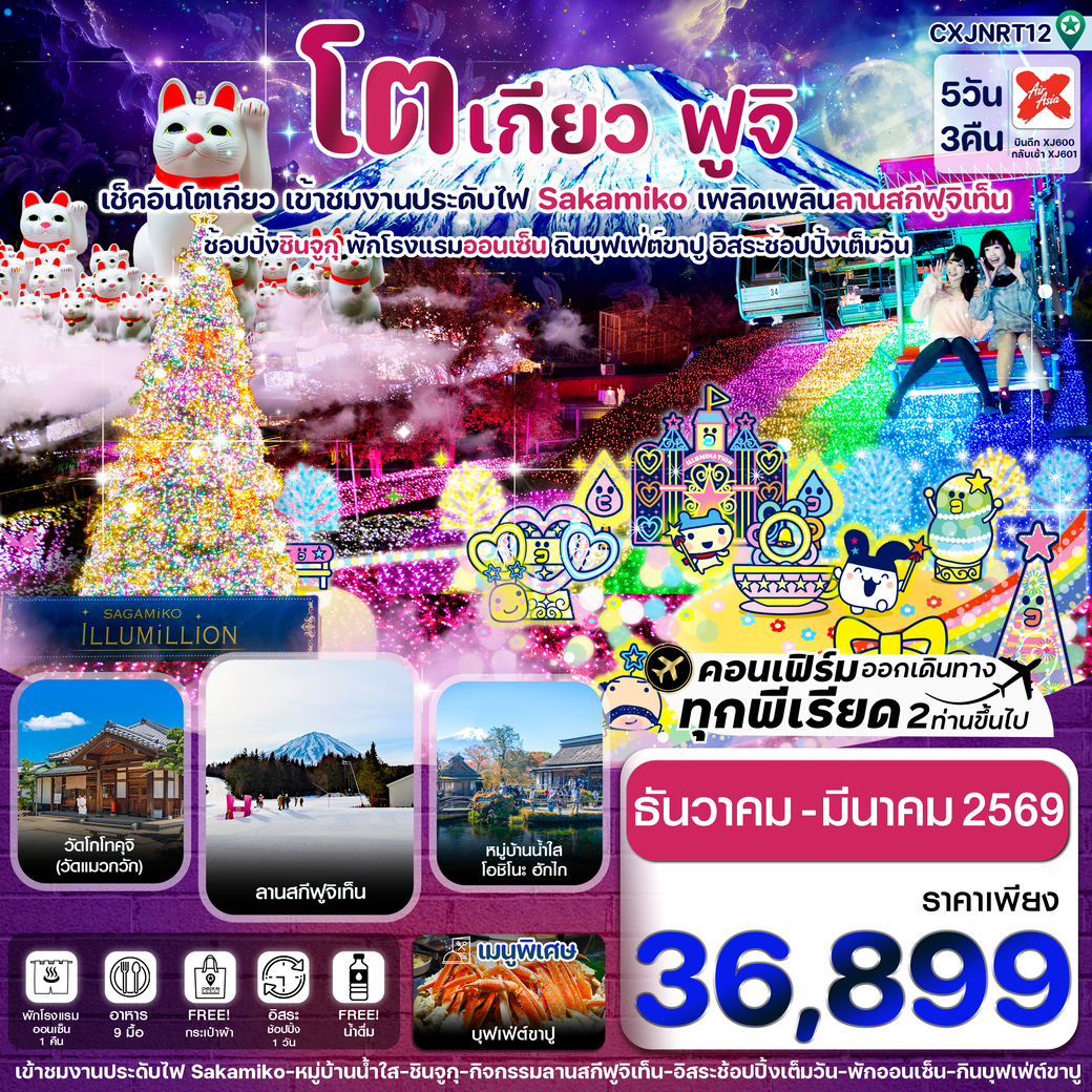 ทัวร์ญี่ปุ่น โตเกียว ฟูจิ งานประดับไฟซากามิโกะ 5วัน 3คืน อิสระช้อปปิ้งเต็มวัน (XJ)