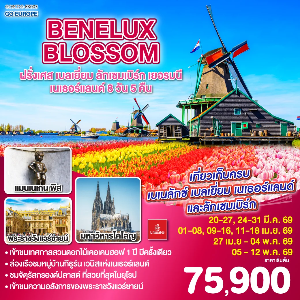 ทัวร์เบเนลักซ์ BENELUX BLOSSOM ฝรั่งเศส เบลเยี่ยม ลักเซมเบิร์ก เยอรมนี เนเธอร์แลนด์ 8วัน 5คืน (EK)
